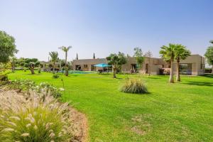 a green yard with palm trees and houses at Sublime villa, piscine chauffée, petit déjeuner inclus in Sehib Foukani