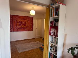 einen Flur mit Bücherregal gefüllt mit Büchern in der Unterkunft Forêt Lausanne in Lausanne