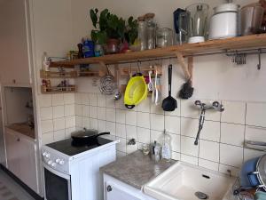 eine Küche mit einer Theke, einer Spüle und einem Herd in der Unterkunft Forêt Lausanne in Lausanne + 20 Fotos