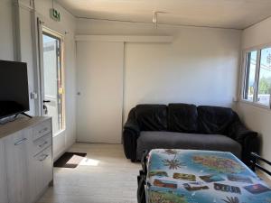 a living room with a black couch and a tv at Coin de paradis in Le Tampon