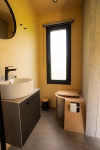 a bathroom with a sink and a toilet and a window at Parcel Tiny House I L'Arche des Hays in Les Hays