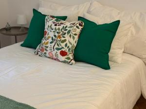 巴塞尔StayBC Cozy Private Room Near Rhine & Messeplatz的一张带绿色和白色枕头的床