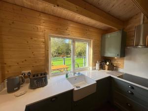 una cocina con fregadero y ventana en Lake Lodge at Farthings Farm, en Clyst Saint Lawrence