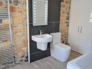 a bathroom with a sink and a toilet and a mirror at Sunrise in St Austell