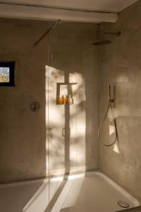 a bathroom with a tub with a glass shower door at Aarde in Barrydale