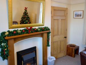 a fireplace with a christmas tree and a mirror at Zonnebloem in Cefn-y-bedd