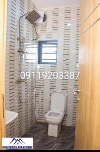 a bathroom with a white toilet and a shower at KOLLYPOPS Apartments in Otta