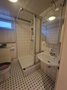 a bathroom with a shower and a sink and a toilet at Ferienwohnung-La Casa in Heidenheim