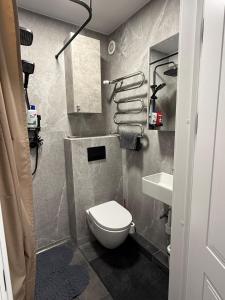 a small bathroom with a toilet and a sink at Flat In the heart of Kaunas city center in Kaunas +3 photos