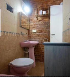 Un baño con un inodoro rosa y un lavabo. en San Telmo Blue house, en Buenos Aires 8 fotos más