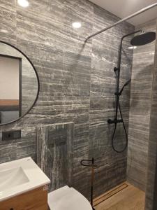 a bathroom with a shower and a toilet and a sink at Svečių namas in Radailiai +11 photos