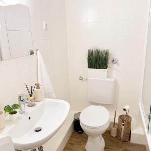 a white bathroom with a toilet and a sink at Wohlfühl-Apartment mit großem Balkon, Netflix & Games in Barsinghausen +23 photos