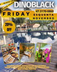 a flyer for a holiday resort with a swimming pool at Hotel Recanto dos Dinossauros in Penha