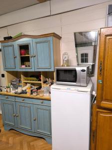 a kitchen with a microwave on top of a refrigerator at BeauCamp in Rhodes