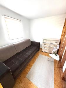 Gniazdo Sikorek في Wieniec: غرفة معيشة مع أريكة ونافذة