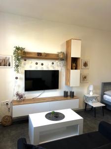 a living room with a flat screen tv on a wall at Apartmán v centru Trutnova in Trutnov