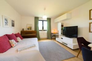 a living room with a couch and a flat screen tv at grünraum Apartment in Kleinsöding