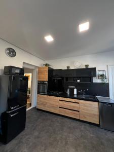 a kitchen with a black refrigerator and wooden cabinets at Apartmán v centru Trutnova in Trutnov