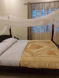 a bed with a canopy in a bedroom with a window at Freeve Suites Akright City Bwebajja in Buzzi