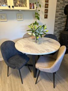 a table with four chairs and a vase with a plant at Haralyn in Bunclody
