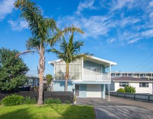 a house with palm trees in front of it at Downtown B&B in Mount Maunganui