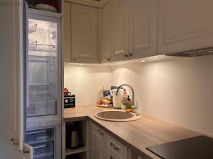 een keuken met een wastafel en een lege koelkast bij Free Parking l Electric Chimney l Everything nearby in Pärnu