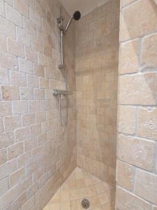a shower in a bathroom with a brick wall at Côté Vieil Antibes in Antibes