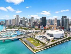 an aerial view of a city with a harbor at Luxury Suite Heated pool & jacuzzi in Miami