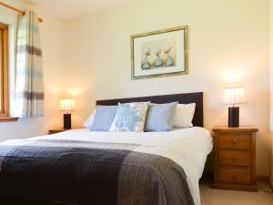 a bedroom with a large bed with two lamps at Birch Lodge - 28880 in Torcastle