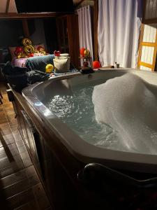 a bath tub filled with water in a bathroom at Cabana Spa São Roque in São Roque