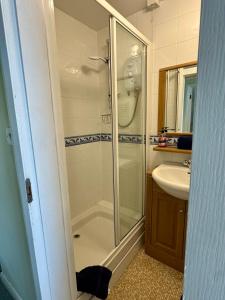 ein Badezimmer mit Dusche und Waschbecken in der Unterkunft 36 Beach Court - Sea Views, Parking, Balcony in Pembrokeshire