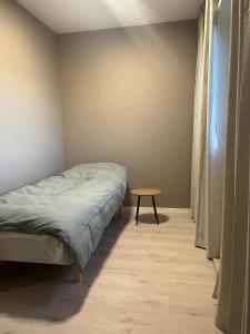 een slaapkamer met een bed en een tafel erin bij Aurora Andøya in Andøya +29 foto's