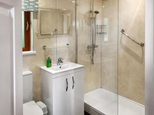 a bathroom with a shower and a sink and a toilet at Woodpeckers Cabin in Bridlington
