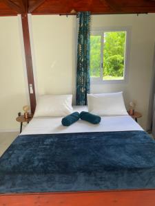 a bedroom with a bed with two pillows and a window at Les gîtes Lanmou 2 in La Désirade