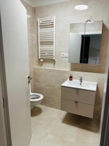 een badkamer met een wastafel, een toilet en een spiegel bij Cozy home in Galanta in Galanta
