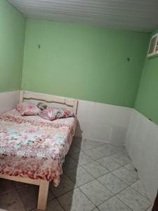 Un dormitorio con una cama en una habitación con paredes verdes. en Pousada Marudá, en Marapanim