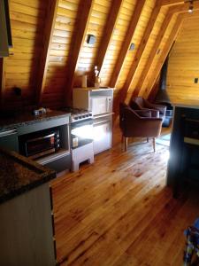 a kitchen with a stove and a living room at Cabana Encanto da Mata in Santa Maria do Erval +17 photos