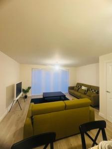 a living room with a green couch and a television at Home 4 Home short stay in Warren