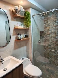 Apartamento Blue House Paipa في بايبا: حمام مع دش ومرحاض ومغسلة