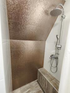 een badkamer met een douche met een douchekop bij Velencei Odú in Velence