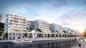 uma representação de um edifício com um barco na água em 2 Br Luxury duplex Canal View, 5 min to AUH Airport, Yas island , Raha Mall em Abu Dhabi