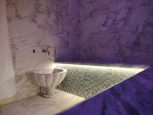 DerouaChambre Aéroport Mohammed 5的一间紫色的浴室，角落里放着一个石制水盆。