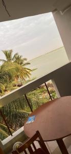 a chair sitting in front of a window with palm trees at Keur Mame Coumba in Saint-Louis