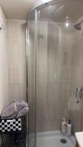 eine Dusche mit Glastür im Badezimmer in der Unterkunft Cozy Private Basement Suite Beside Plaza Free Parking Walk to Groceries & Dining in Richmond Hill