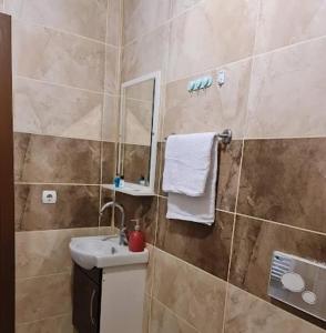 een badkamer met een wastafel en een spiegel bij Özlem Apart&Pansiyon in Hatay