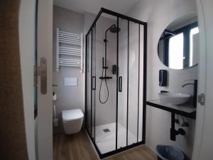 a bathroom with a shower and a toilet and a sink at Apartamentos Recunchos in Ourense +24 photos