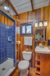 Un baño con inodoro, ducha y lavabo. en Kmar Villas, en Placencia Village 14 fotos más