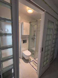 a small bathroom with a toilet and a shower at 2SEA - Apartamento na praia do Ouro - Sesimbra in Sesimbra