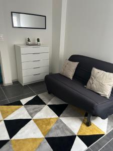 a black couch in a living room with a mirror at Appartement cosy in Montier-en-Der