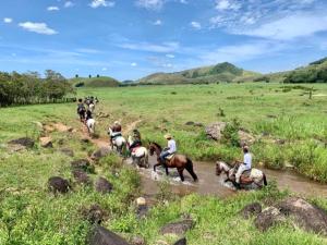 a group of people riding horses through a river at Pousada Magia da Aldeia in Silva Jardim